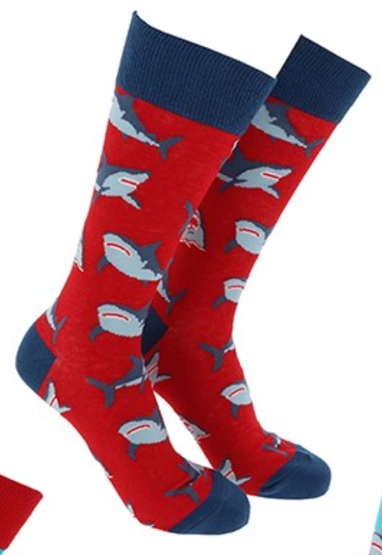 Red socks with shark pattern and blue accents on a white background