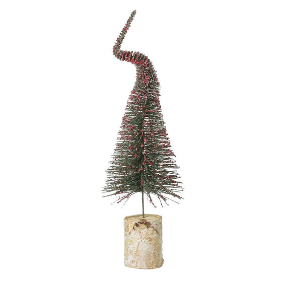 red and green tree decorative Christmas tree with a birch bark base on a white background