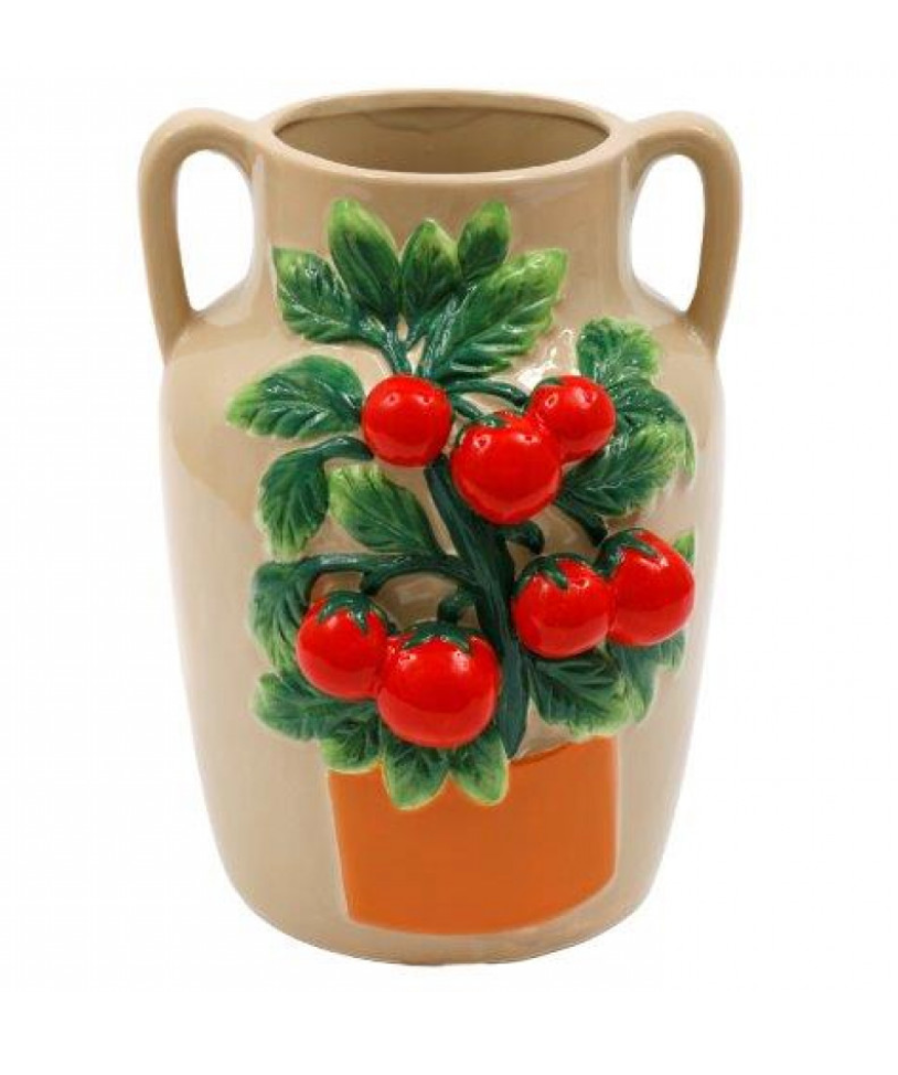 Ceramic vase with tomato design on a beige background