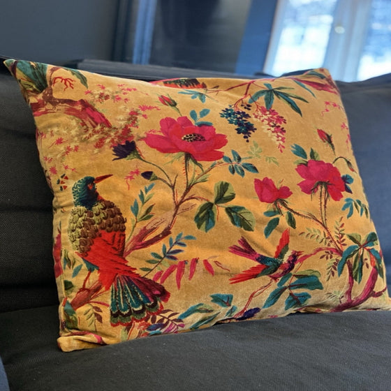 Amber Bird of Paradise Velvet Cushion Cover