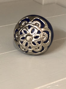  Blue Drawer Pull Silver with Filigree