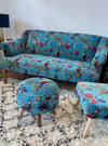 Three Seater Turquoise Velvet Bird of Paradise Antique Sofa